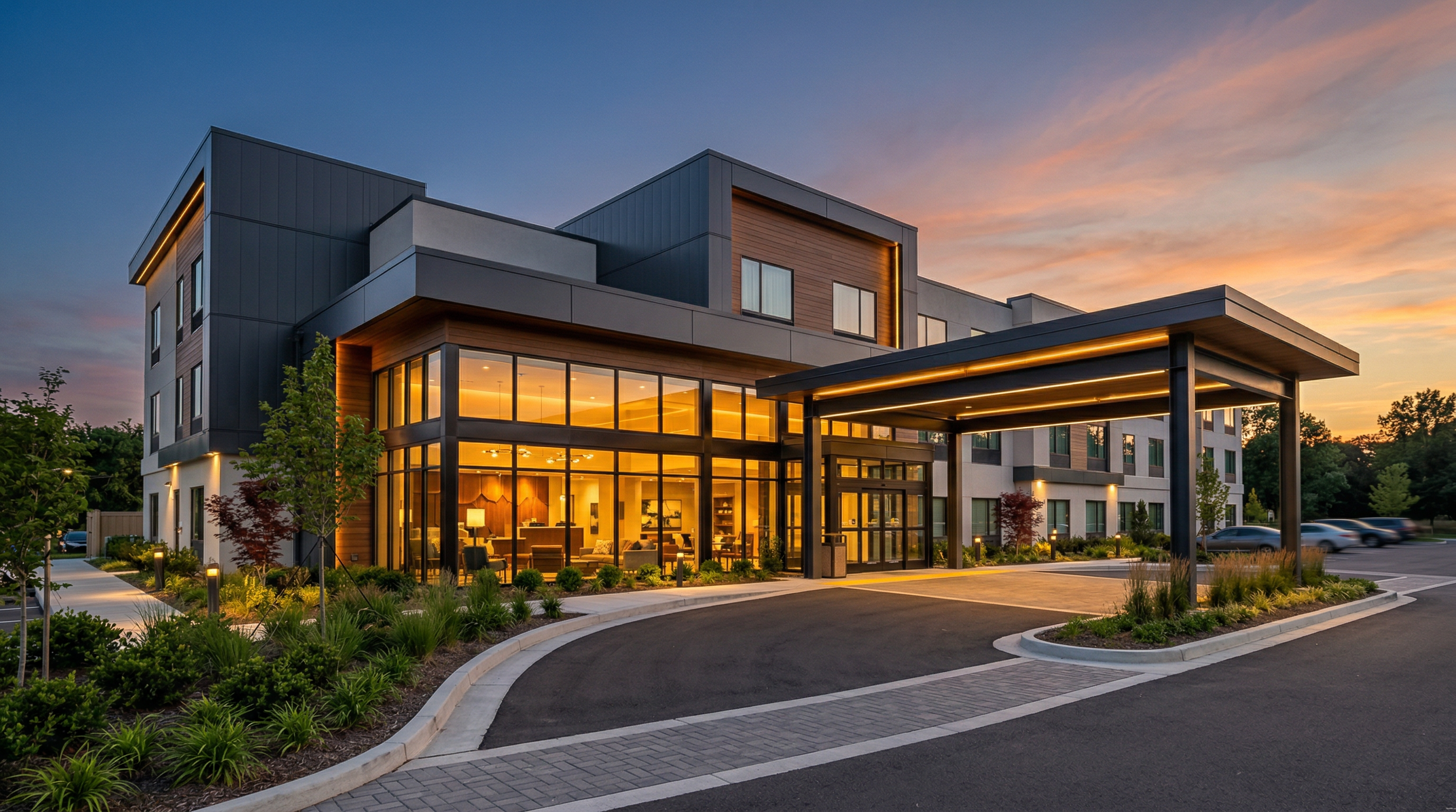 Modern renovated hotel exterior at dusk with warm interior lighting